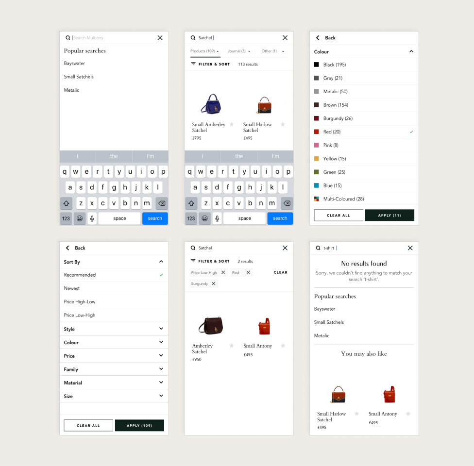Product search functionality for the Mulberry mobile website