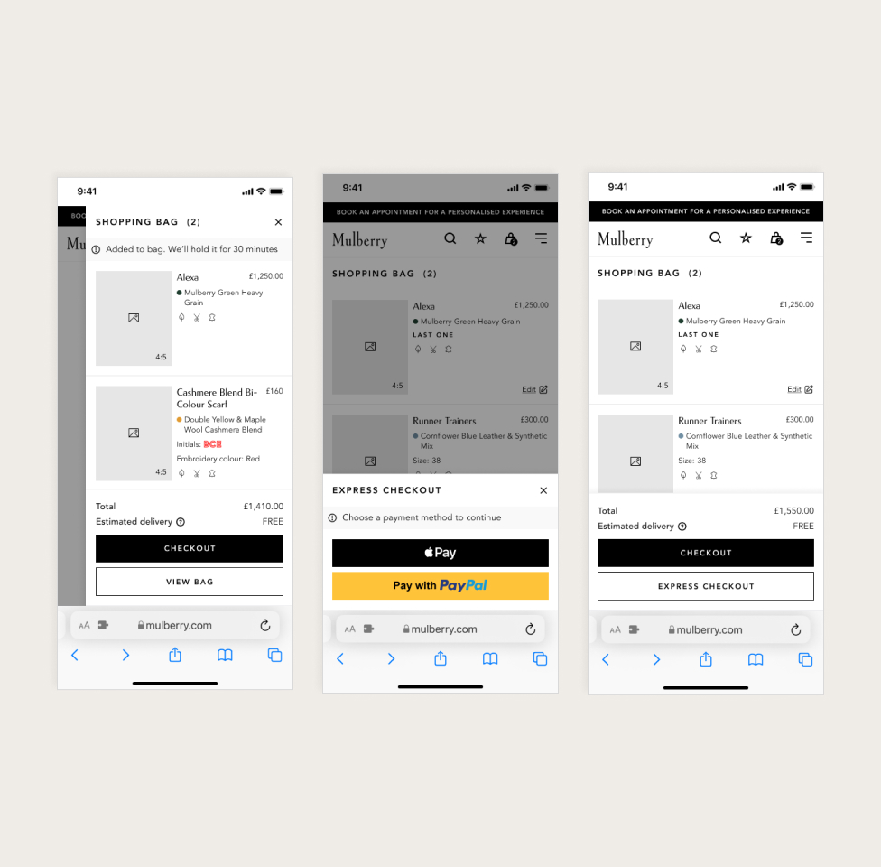 A series of wireframes showing the Mulberry website shopping bag on mobile devices