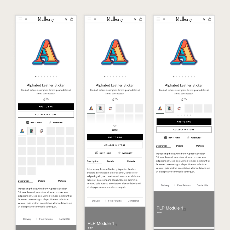 Three mobile wirerframes showing the Mulberry Alphabet sticker product