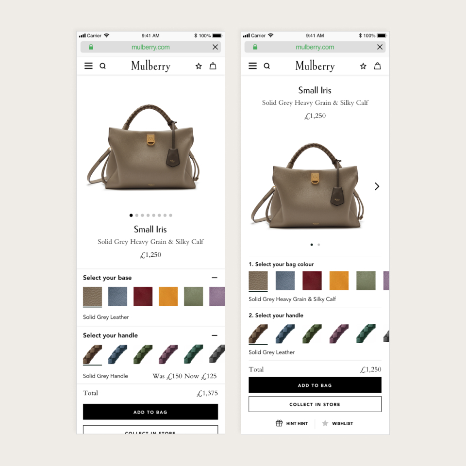 Two mobile wirerframes showing the Mulberry Iris product